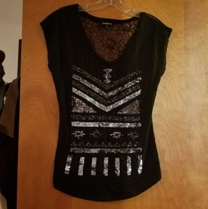 Black Express Short Sleeved Shirt with Lace Back